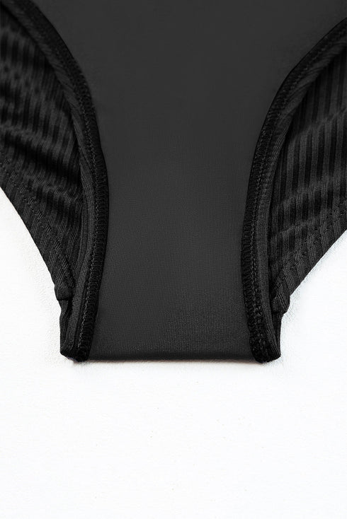 Black Ribbed Dual Crisscross Straps Cut-Out Back Tankini Suit