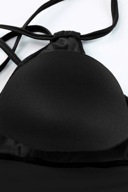Black Ribbed Dual Crisscross Straps Cut-Out Back Tankini Suit