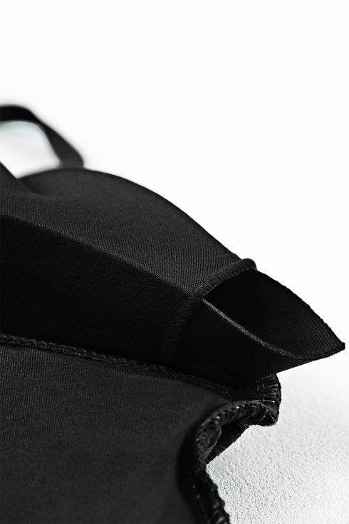 Black Ribbed Dual Crisscross Straps Cut-Out Back Tankini Suit