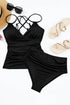 Black Ribbed Dual Crisscross Straps Cut-Out Back Tankini Suit