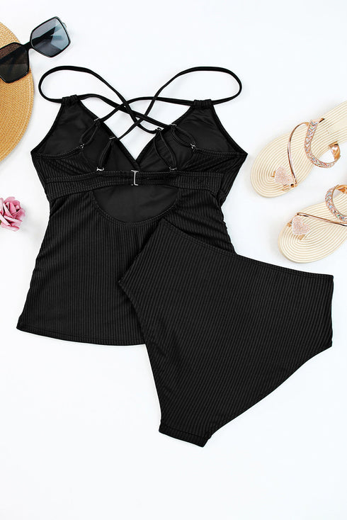 Black Ribbed Dual Crisscross Straps Cut-Out Back Tankini Suit