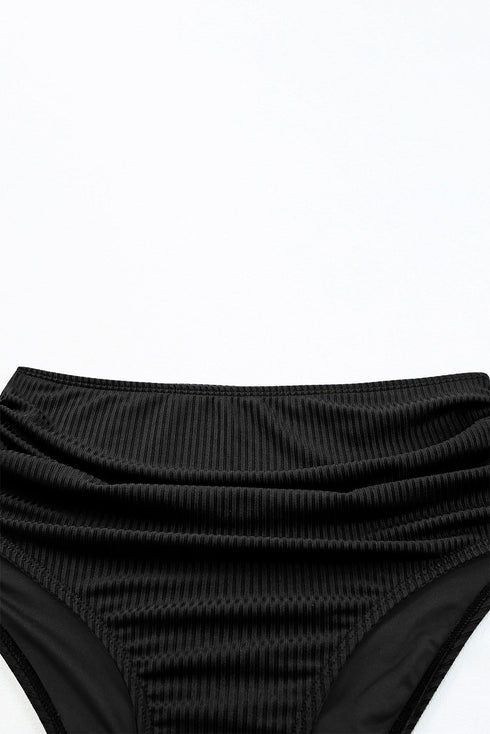 Black Ribbed Dual Crisscross Straps Cut-Out Back Tankini Suit