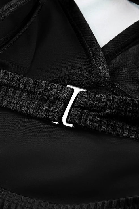 Black Ribbed Dual Crisscross Straps Cut-Out Back Tankini Suit