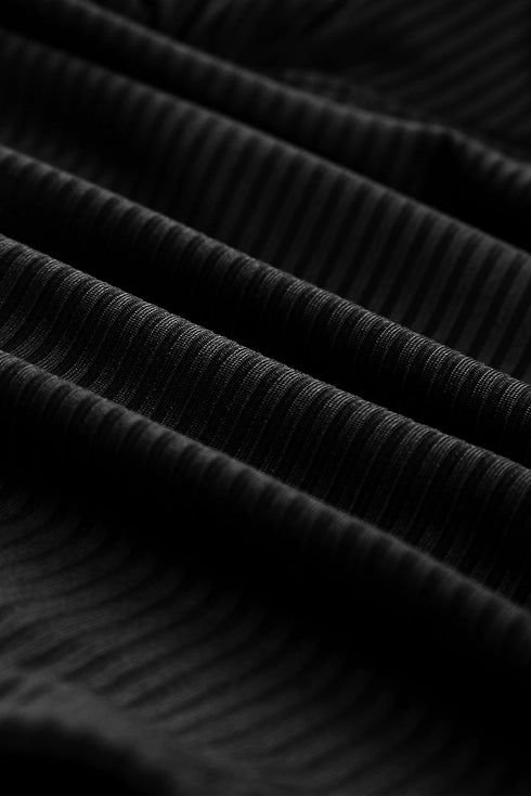 Black Ribbed Dual Crisscross Straps Cut-Out Back Tankini Suit