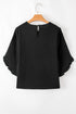 Black Ruffle Trimmed 3/4 Sleeve Round Neck Blouse