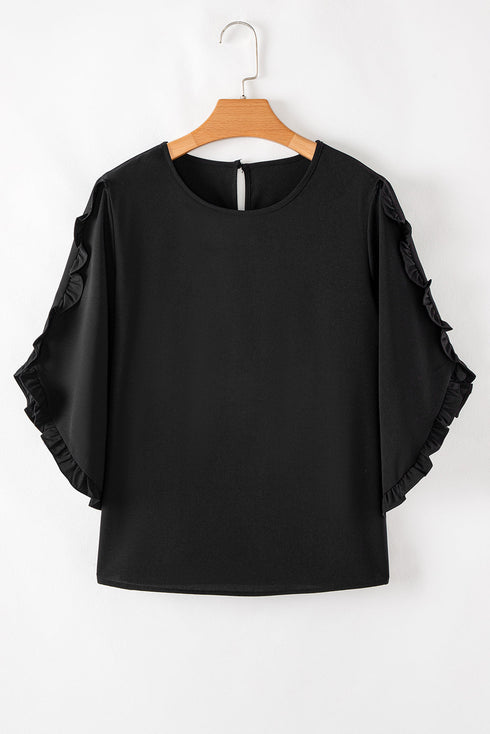 Black Ruffle Trimmed 3/4 Sleeve Round Neck Blouse