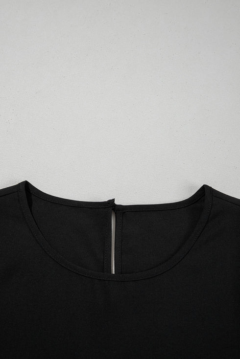 Black Ruffle Trimmed 3/4 Sleeve Round Neck Blouse