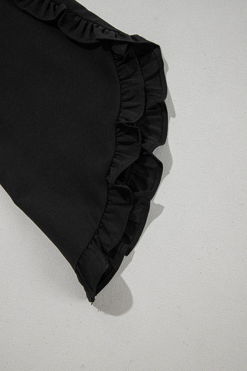 Black Ruffle Trimmed 3/4 Sleeve Round Neck Blouse