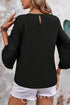 Black Ruffle Trimmed 3/4 Sleeve Round Neck Blouse