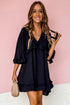 Black Ruffled 3/4 Sleeve V Neck Babydoll Mini Dress