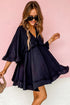 Black Ruffled 3/4 Sleeve V Neck Babydoll Mini Dress