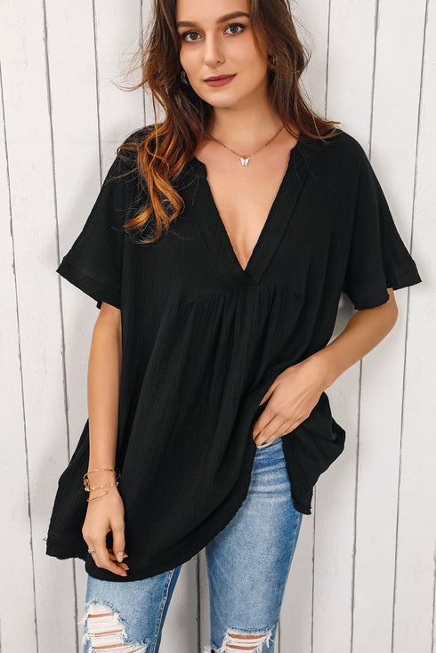 Black Ruffled 3/4 Sleeve V Neck Babydoll Mini Dress