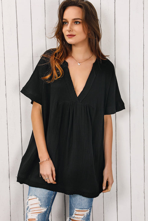 Black Ruffled 3/4 Sleeve V Neck Babydoll Mini Dress