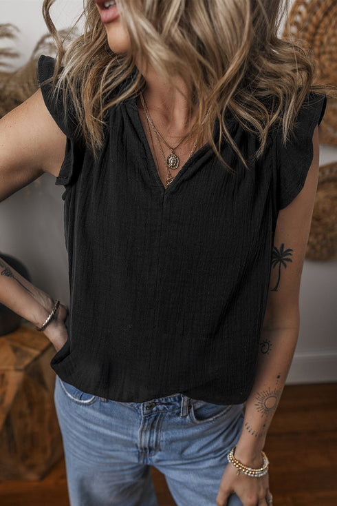 Black Ruffled Shoulder V Neck Shift Tank Top