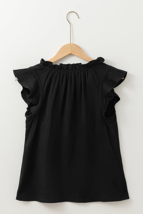 Black Ruffled Shoulder V Neck Shift Tank Top