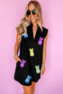 Black Sequin Bunny Doll Graphic Collared Sleeveless Mini Dress