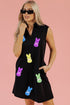 Black Sequin Bunny Doll Graphic Collared Sleeveless Mini Dress