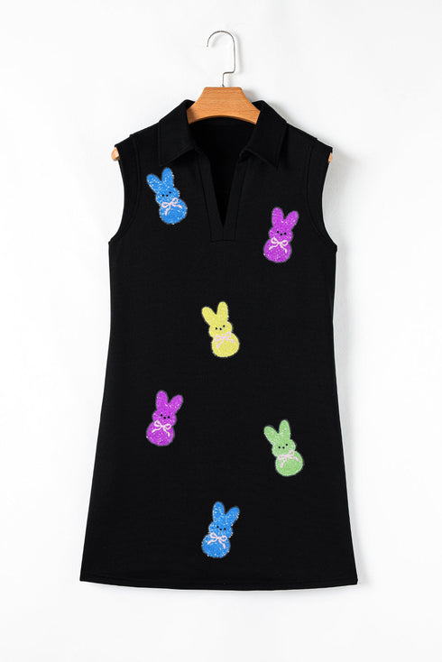 Black Sequin Bunny Doll Graphic Collared Sleeveless Mini Dress