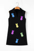 Black Sequin Bunny Doll Graphic Collared Sleeveless Mini Dress
