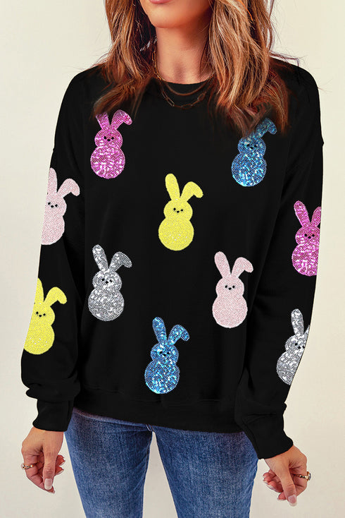 Black Sequin Bunny Doll Graphic Drop Shoulder Sweatshirt
