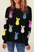 Black Sequin Bunny Doll Graphic Drop Shoulder Sweatshirt
