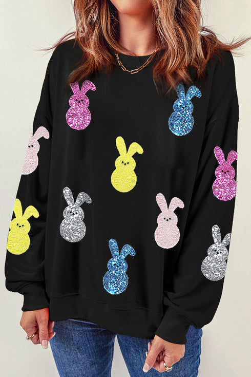 Black Sequin Bunny Doll Graphic Drop Shoulder Sweatshirt