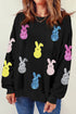 Black Sequin Bunny Doll Graphic Drop Shoulder Sweatshirt