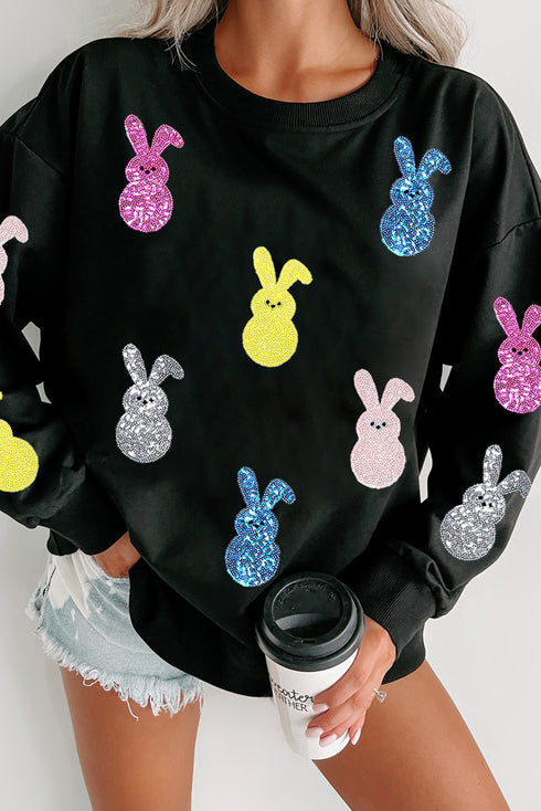 Black Sequin Bunny Doll Graphic Drop Shoulder Sweatshirt