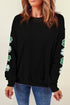 Black Sequin Clover Patched Drop Shoulder Sweatshirt