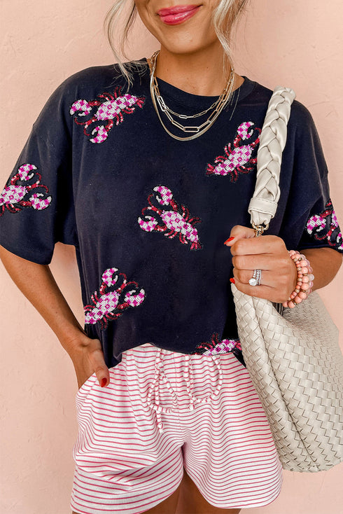 Black Sequin Crawfish Patched Crew Neck Tee