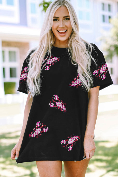 Black Sequin Crawfish Patched Crew Neck Tee