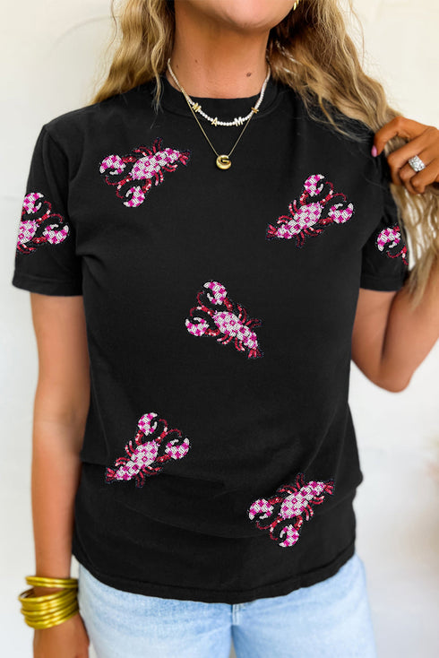 Black Sequin Crawfish Patched Crew Neck Tee