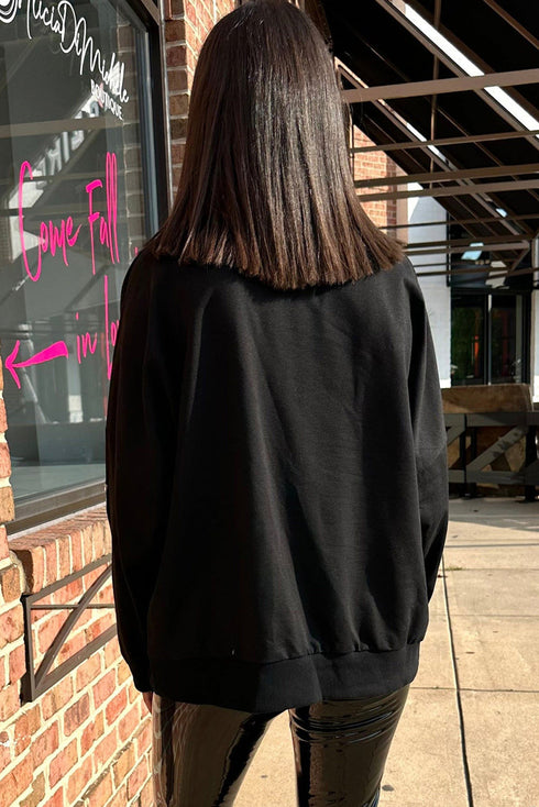 Black Sequin Fringed Rugby Casual Sweatshirt