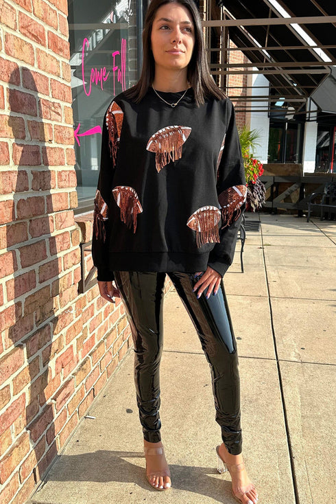Black Sequin Fringed Rugby Casual Sweatshirt