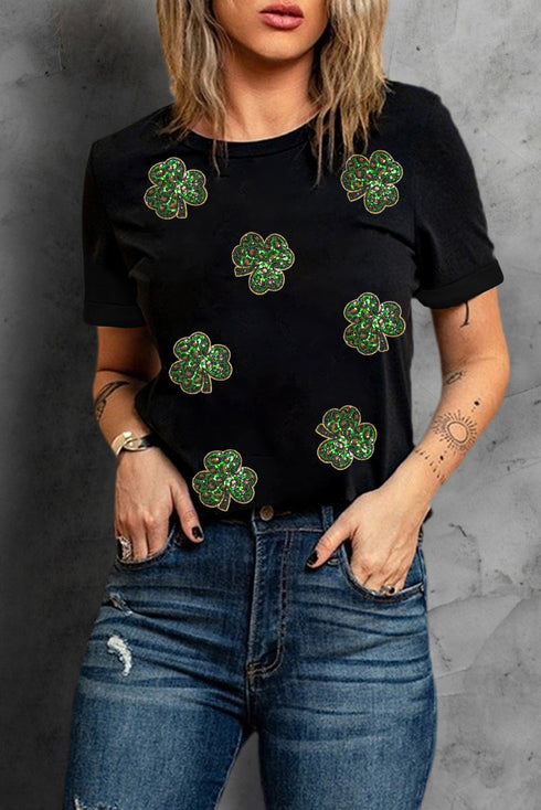 Black Sequin Leopard Clover Graphic Crewneck St Patrick Tee
