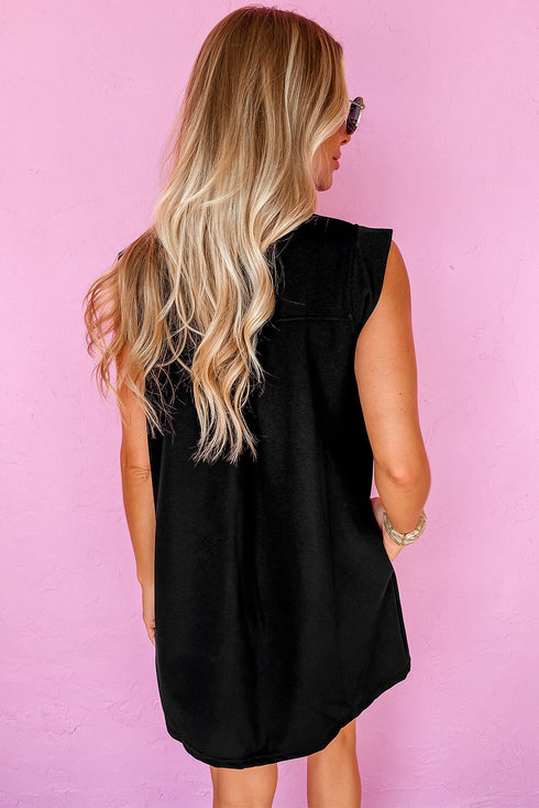 Black Sequin Patched V Neck Collared Mini Dress