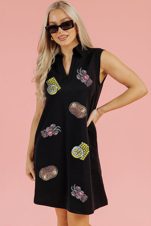 Black Sequin Patched V Neck Collared Mini Dress