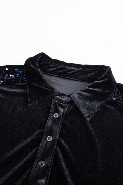 Black Sequin Puff Sleeve Buttoned Velvet Peplum Shirt