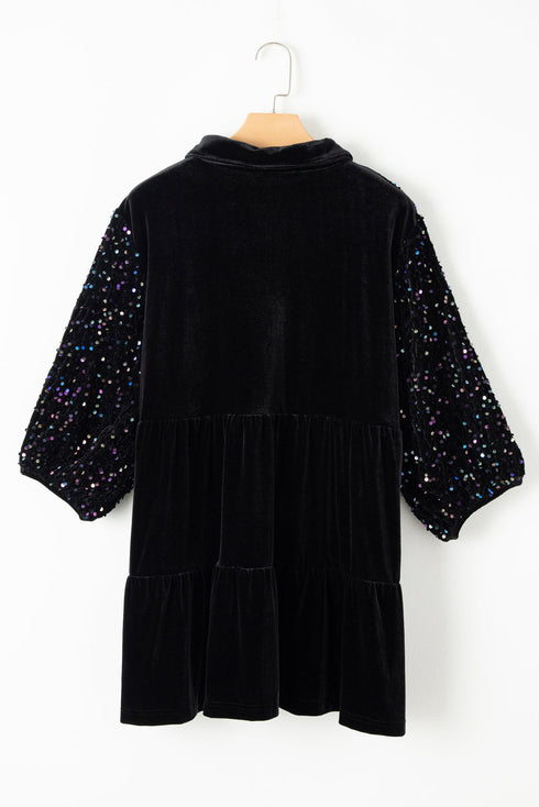 Black Sequin Puff Sleeve Buttoned Velvet Peplum Shirt
