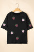 Black Sequin Strawberry Graphic High Low Relaxed Fit Tee