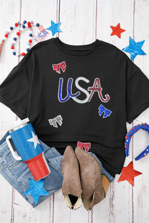 Black Sequin USA Bow Graphic Independence Day T Shirt