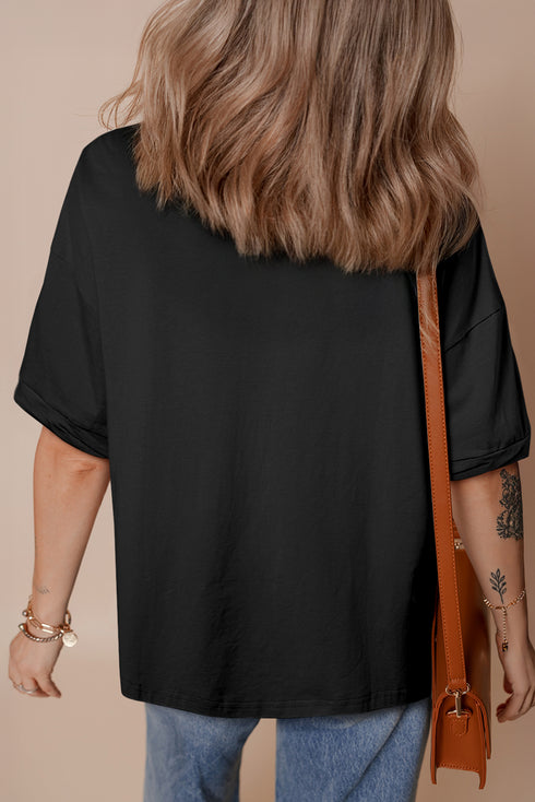 Black Sequined America Star Pattern Hi Low Hem Casual T Shirt