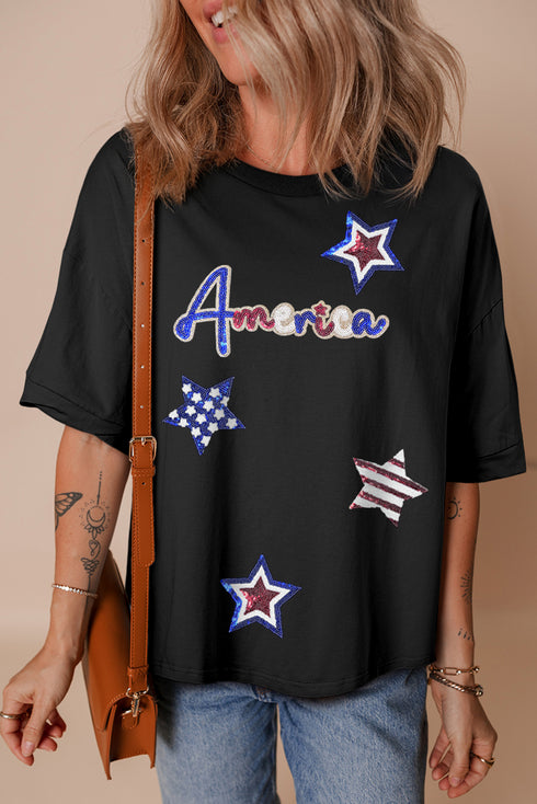Black Sequined America Star Pattern Hi Low Hem Casual T Shirt