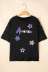 Black Sequined America Star Pattern Hi Low Hem Casual T Shirt