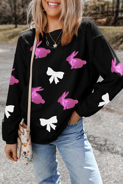 Black Sequined Bunny Bow Easter Fashion Corded Sweatshirt