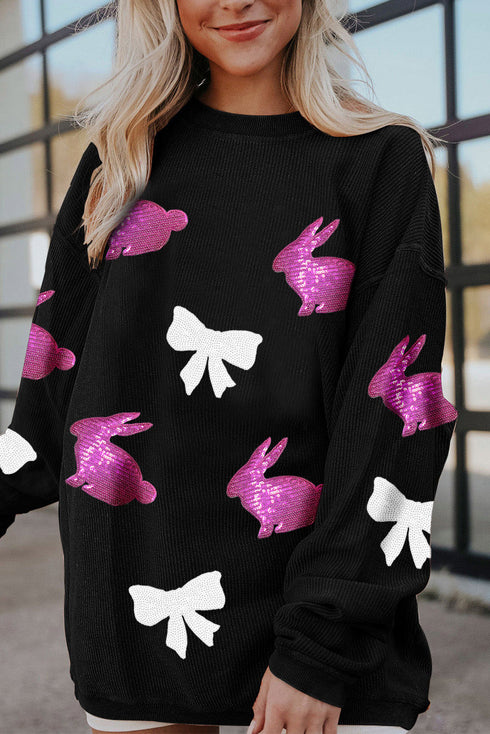 Black Sequined Bunny Bow Easter Fashion Corded Sweatshirt