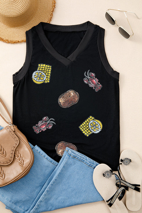 Black Sequined Crawfish Ribbed V Neckline Tank Top
