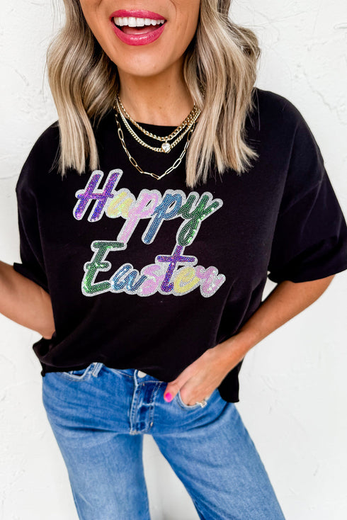 Black Sequined Happy Easter Graphic Tee
