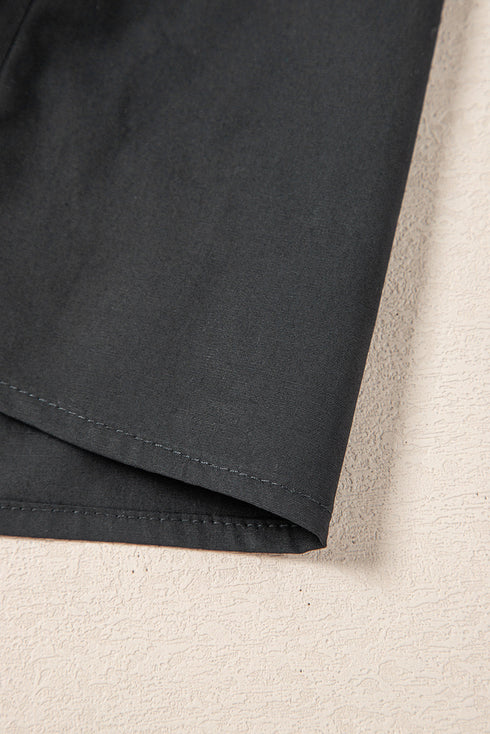 Black Shirt Style Button Down Puff Sleeve Ruffle Hem Dress