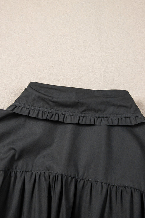 Black Shirt Style Button Down Puff Sleeve Ruffle Hem Dress